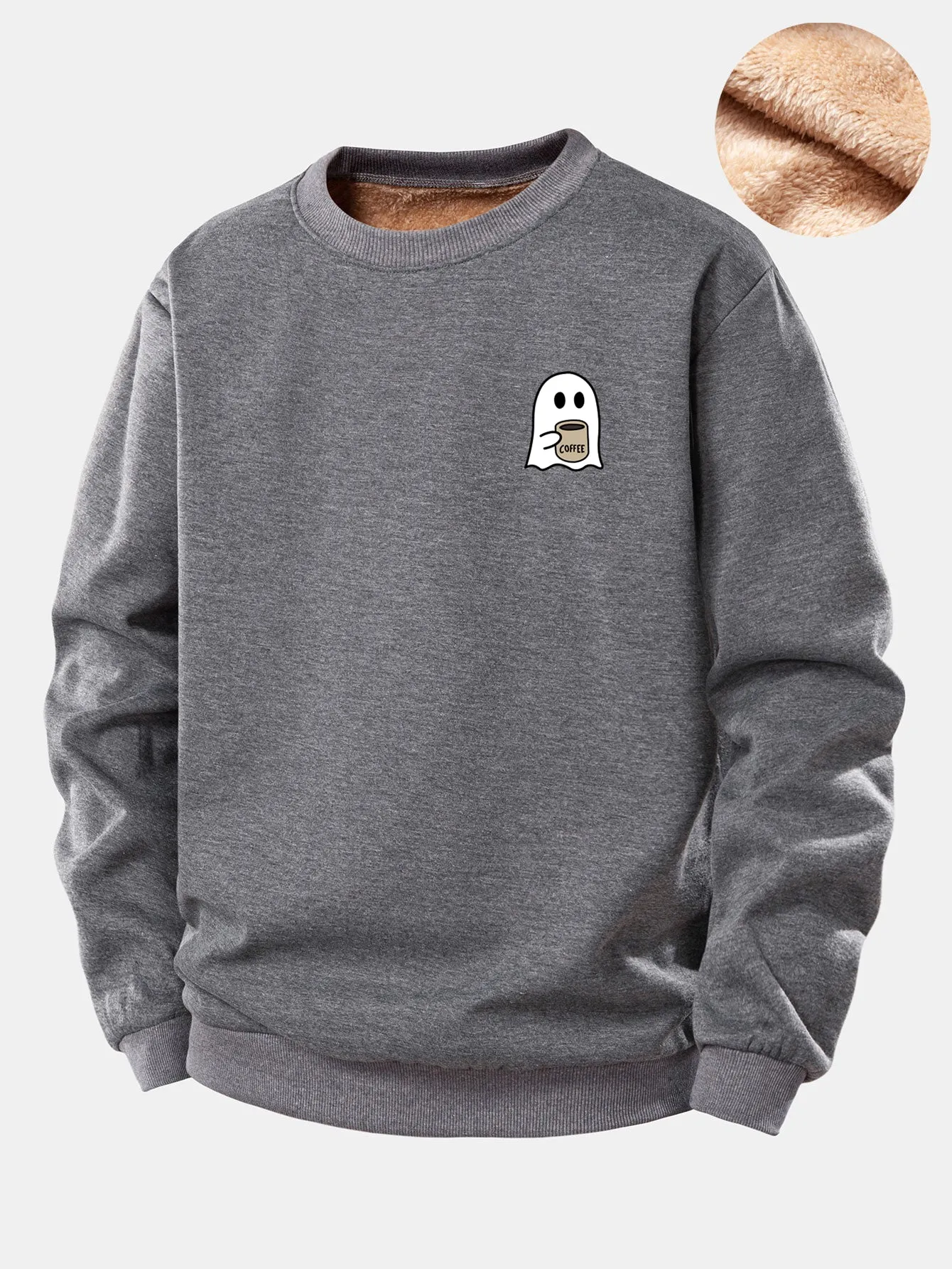 Ghost Drinking Coffee Print Teddy Fleece Lined Sweatshirt sold by Hoooyi product image thumbnail 2