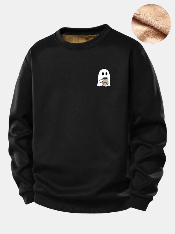 Ghost Drinking Coffee Print Teddy Fleece Lined Sweatshirt sold by Hoooyi