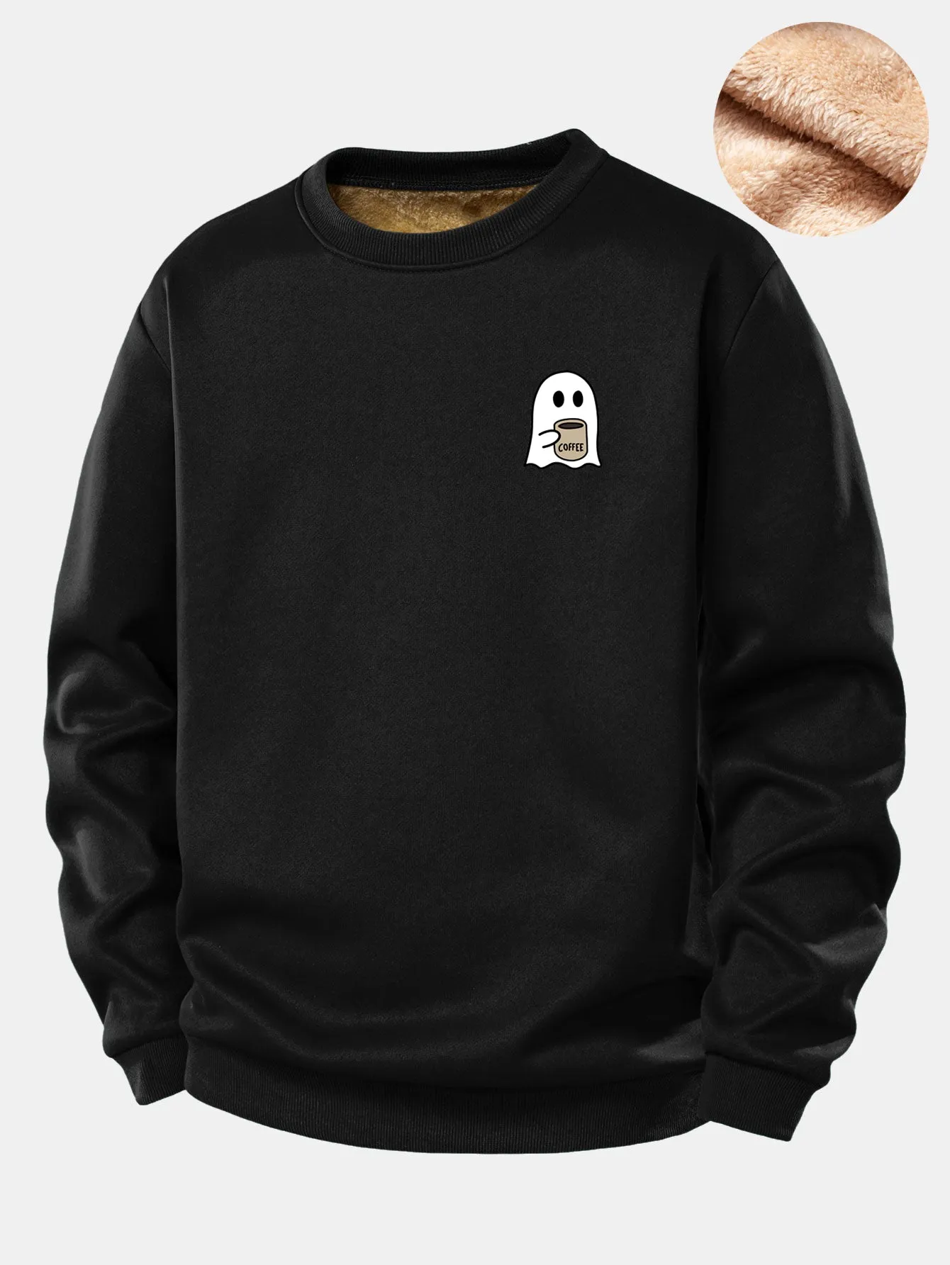 Ghost Drinking Coffee Print Teddy Fleece Lined Sweatshirt sold by Hoooyi