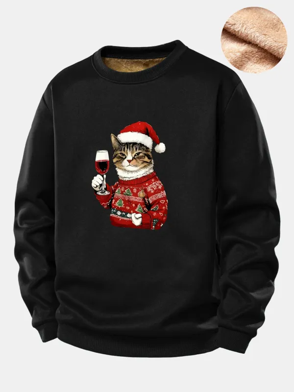Christmas Cat Print Teddy Fleece Lined Sweatshirt sold by Hoooyi