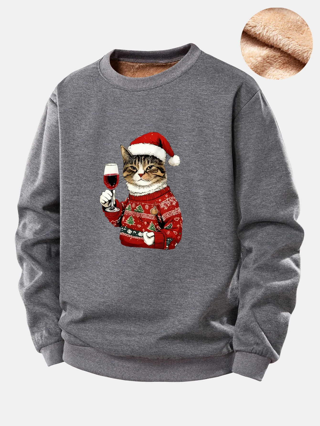 Christmas Cat Print Teddy Fleece Lined Sweatshirt sold by Hoooyi product image thumbnail 2
