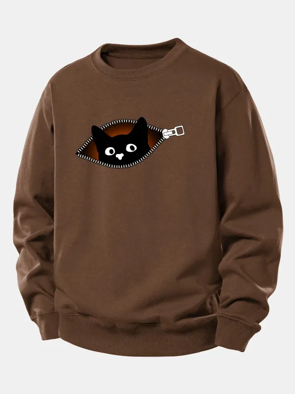Zipper Black Cat Print Relax Fit Sweatshirt sold by Hoooyi