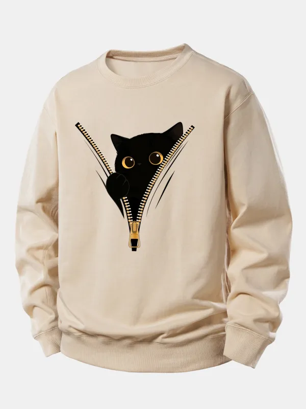 Zipper Black Cat Print Relax Fit Sweatshirt sold by Hoooyi