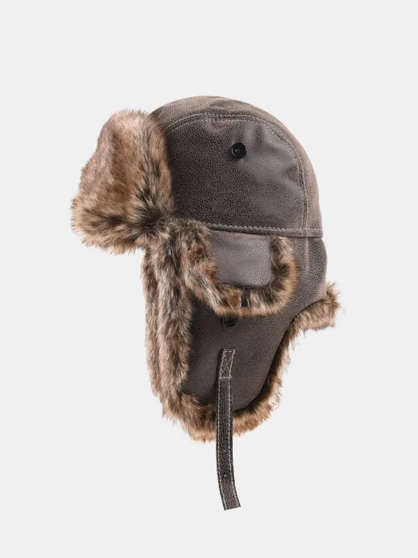 Faux Fur Leather Bomber Hat With Ear Flap sold by Hoooyi