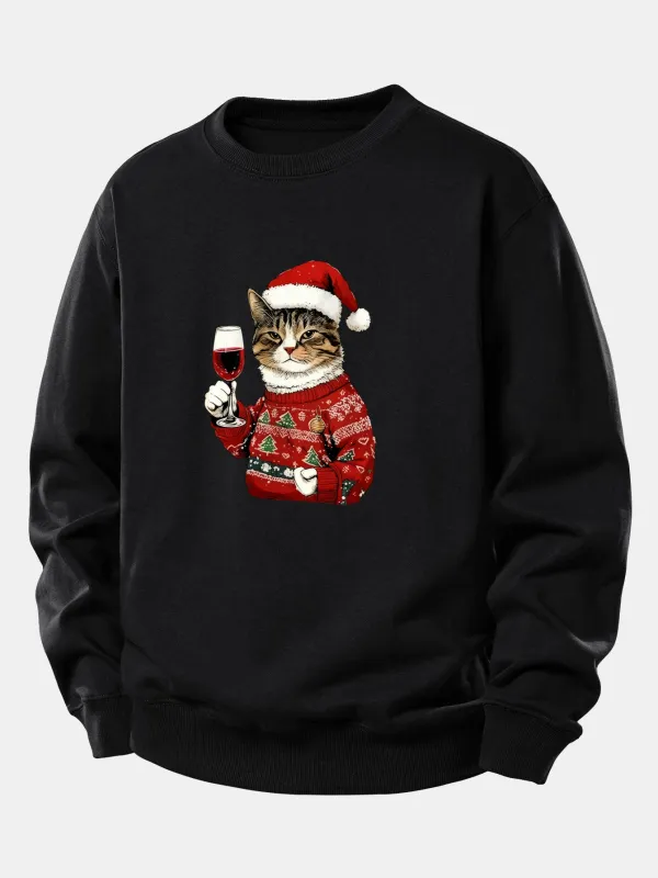 Christmas Cat Print Relax Fit Sweatshirt sold by Hoooyi
