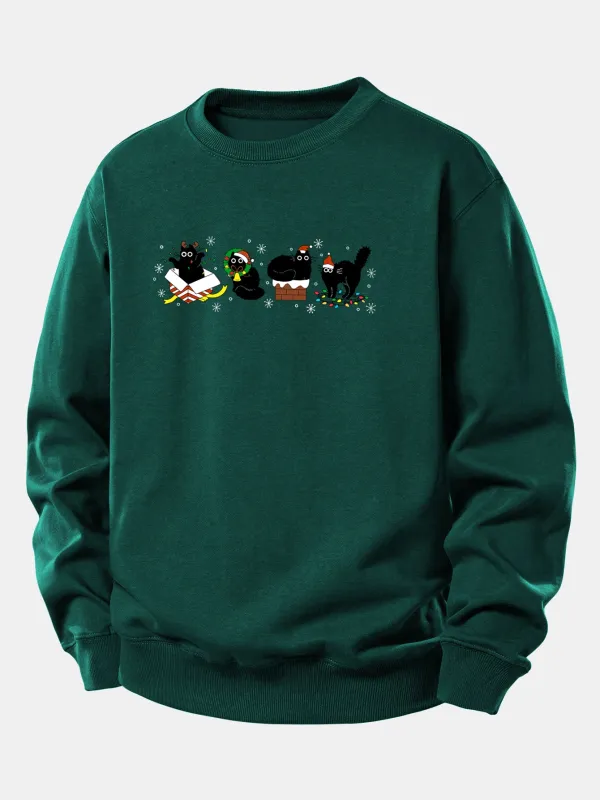 Christmas Black Cat Print Relax Fit Sweatshirt sold by Hoooyi
