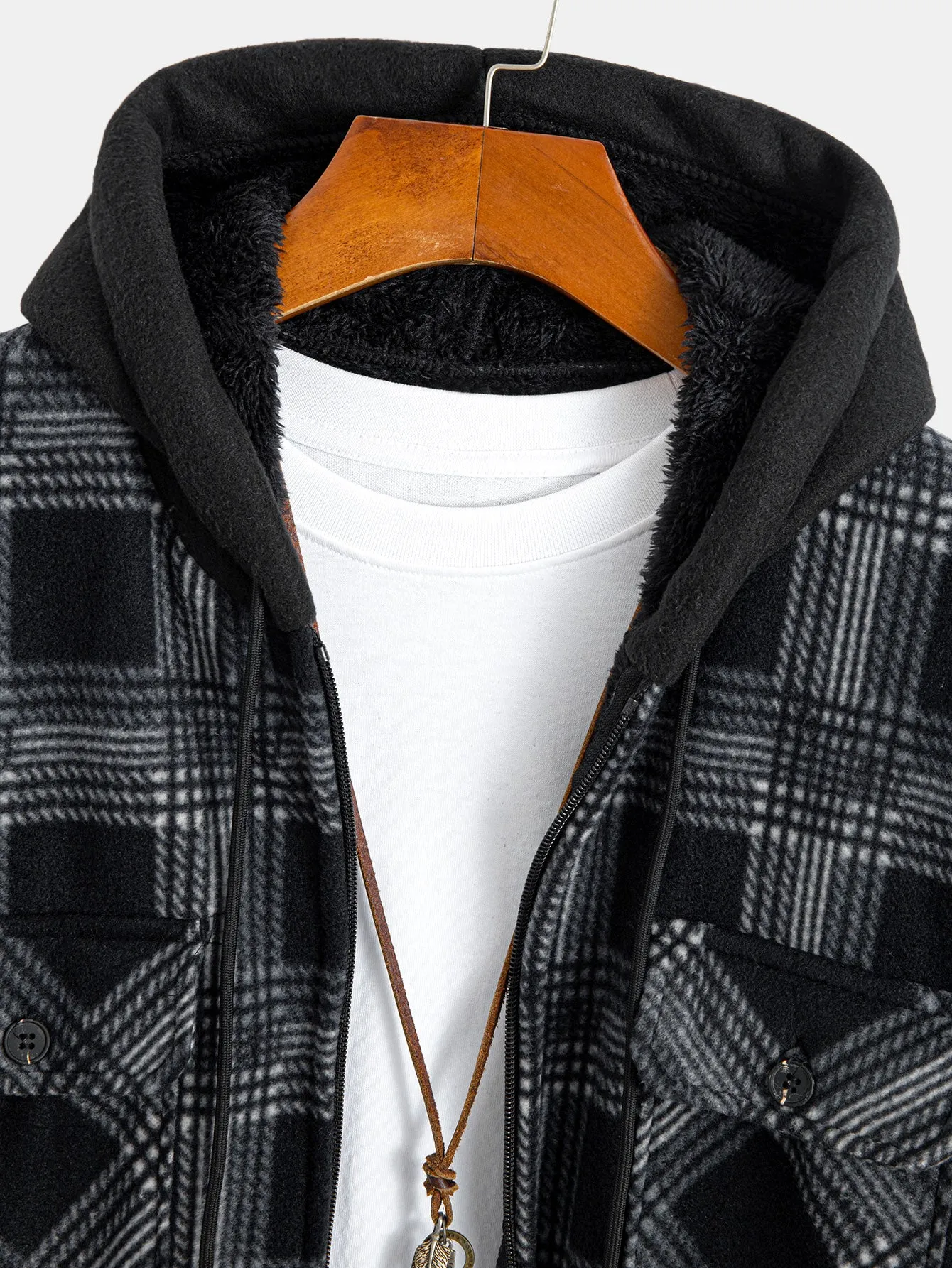 Teddy Lined Zip Up Flannel Plaid Hooded Shirt sold by Hoooyi product image thumbnail 3