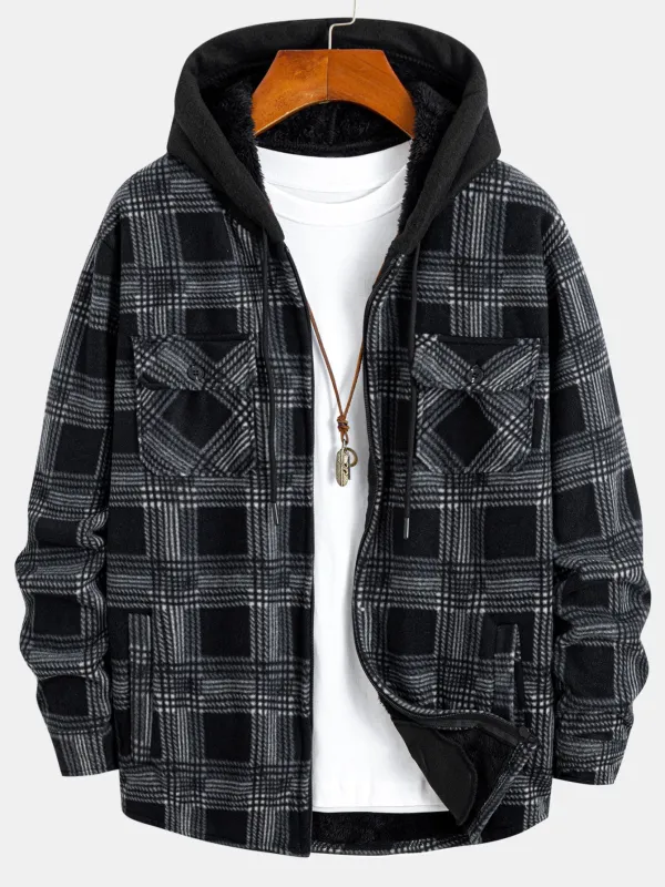 Teddy Lined Zip Up Flannel Plaid Hooded Shirt sold by Hoooyi