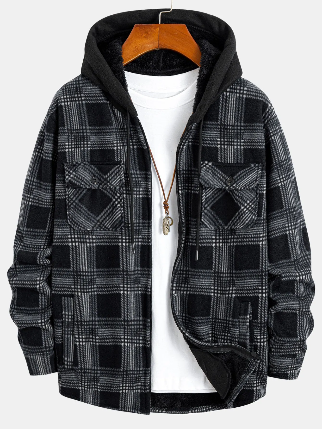 Teddy Lined Zip Up Flannel Plaid Hooded Shirt sold by Hoooyi