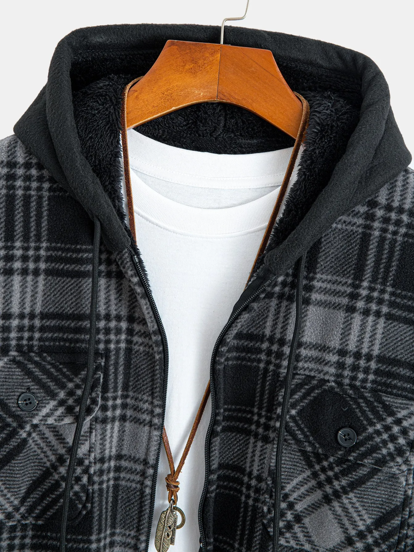 Teddy Lined Zip Up Flannel Plaid Hooded Shirt sold by Hoooyi product image thumbnail 3