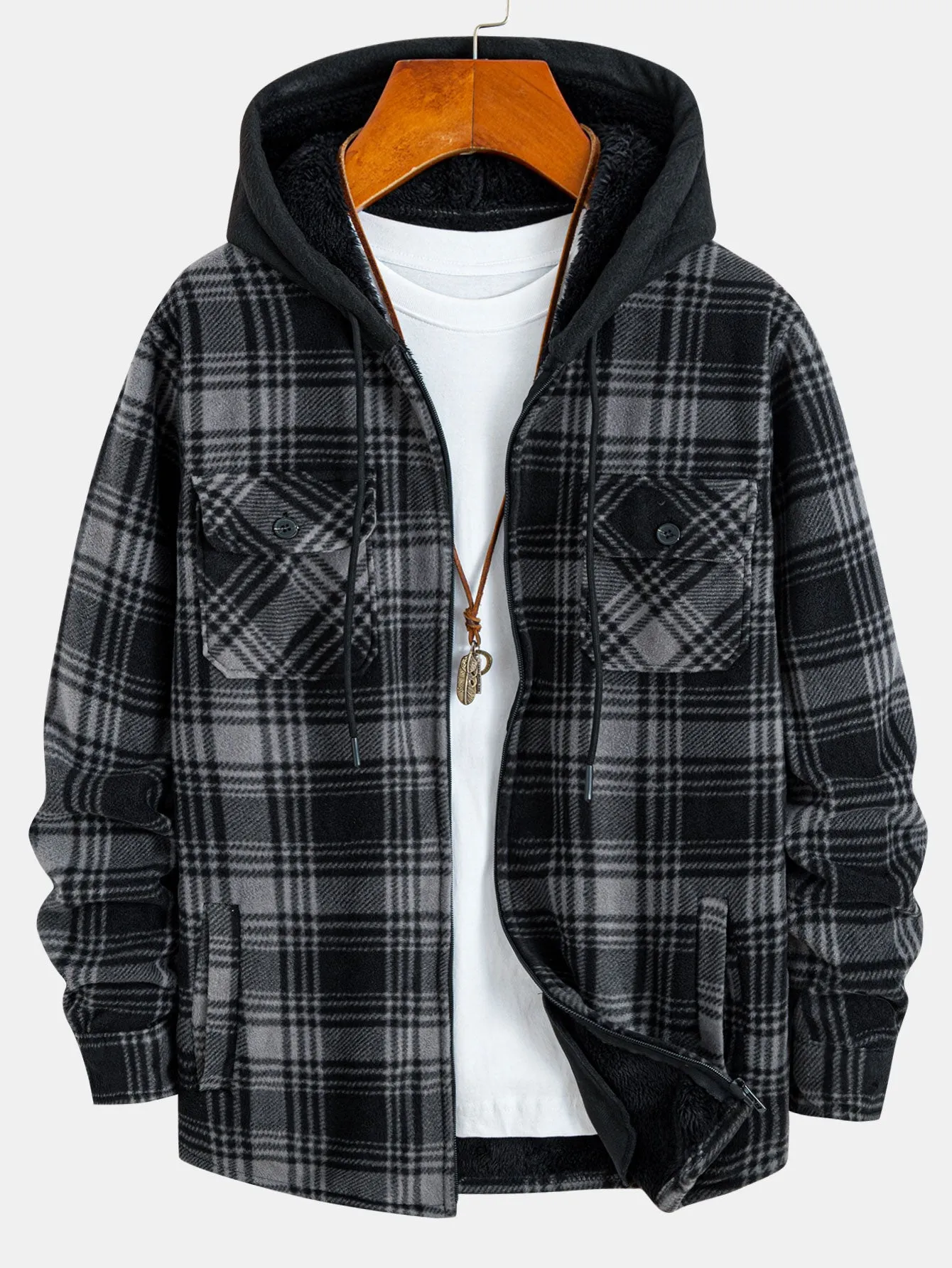 Teddy Lined Zip Up Flannel Plaid Hooded Shirt sold by Hoooyi
