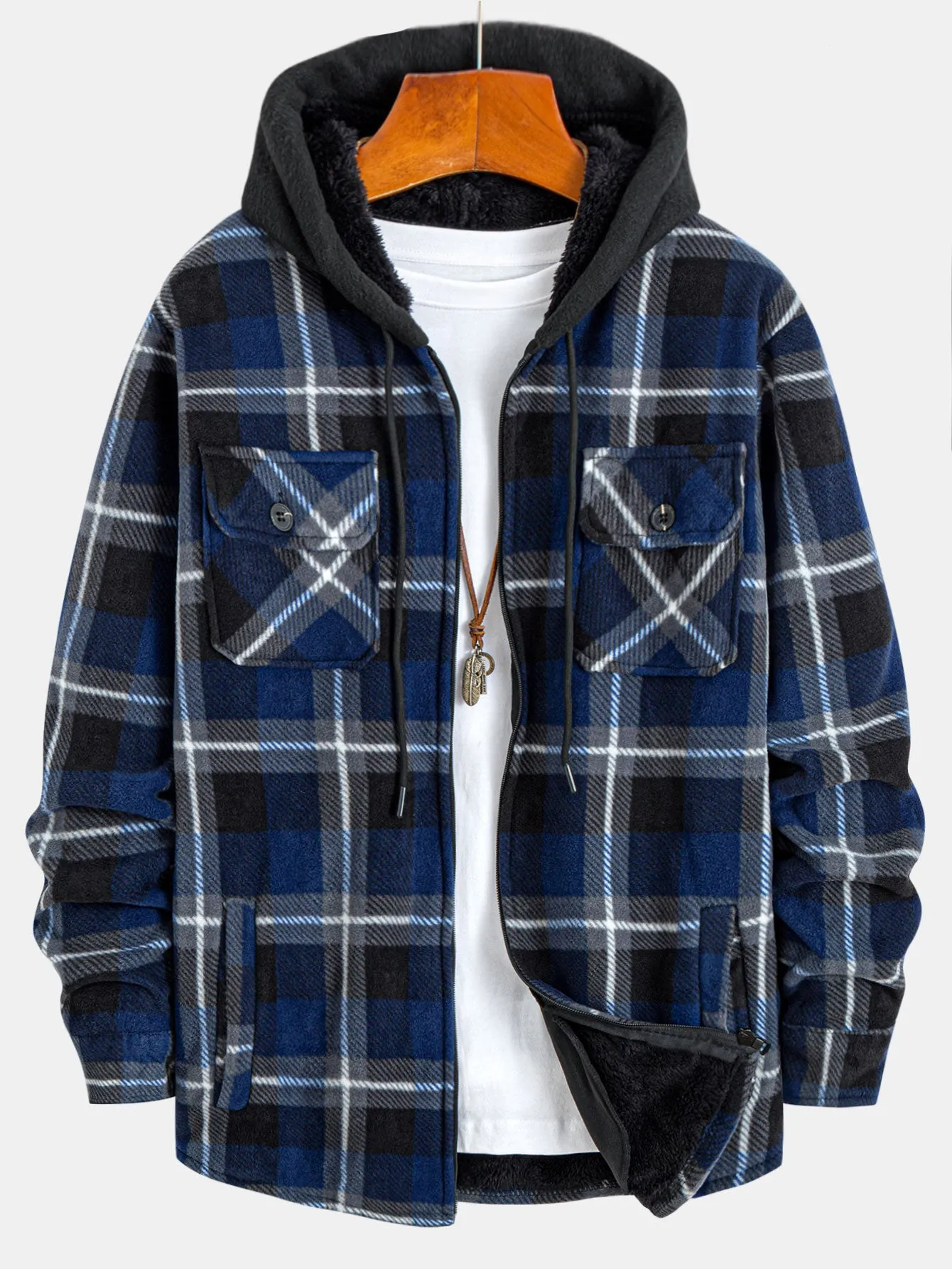 Teddy Lined Flannel Zip Up Plaid Hooded Shirt sold by Hoooyi