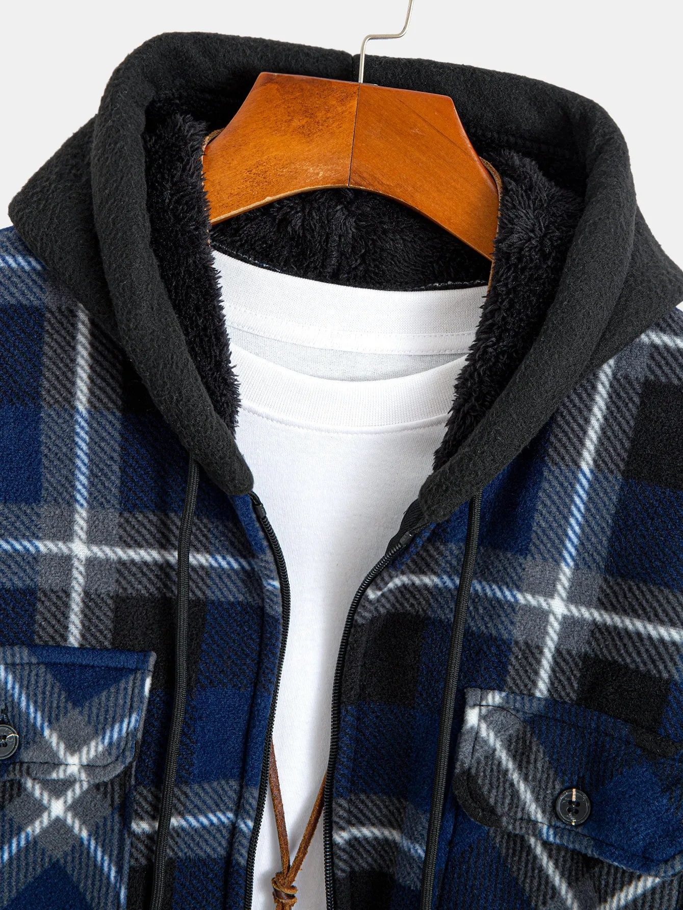 Teddy Lined Flannel Zip Up Plaid Hooded Shirt sold by Hoooyi product image thumbnail 3