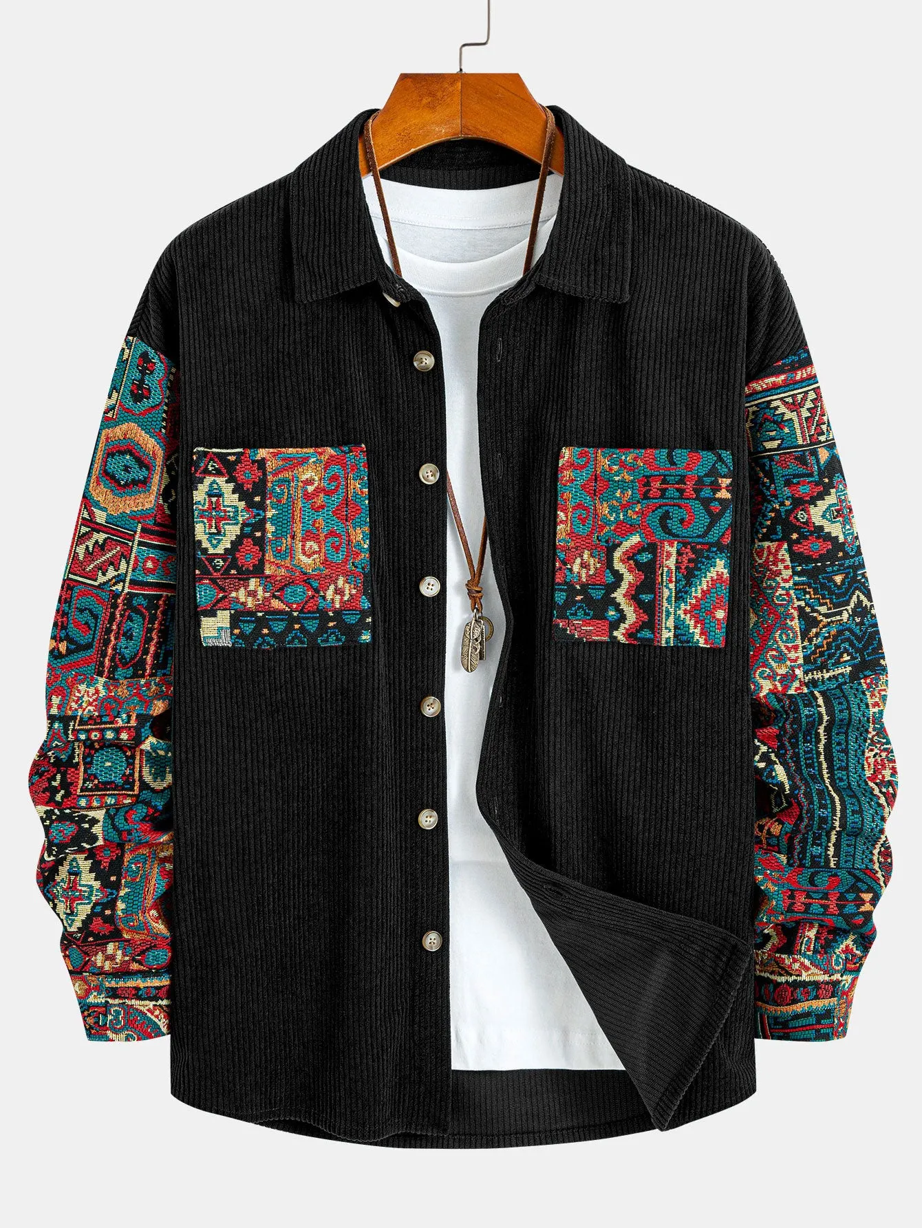 Ethnic Geometric Jacquard Patchwork Corduroy Shirt sold by Hoooyi product image thumbnail 3