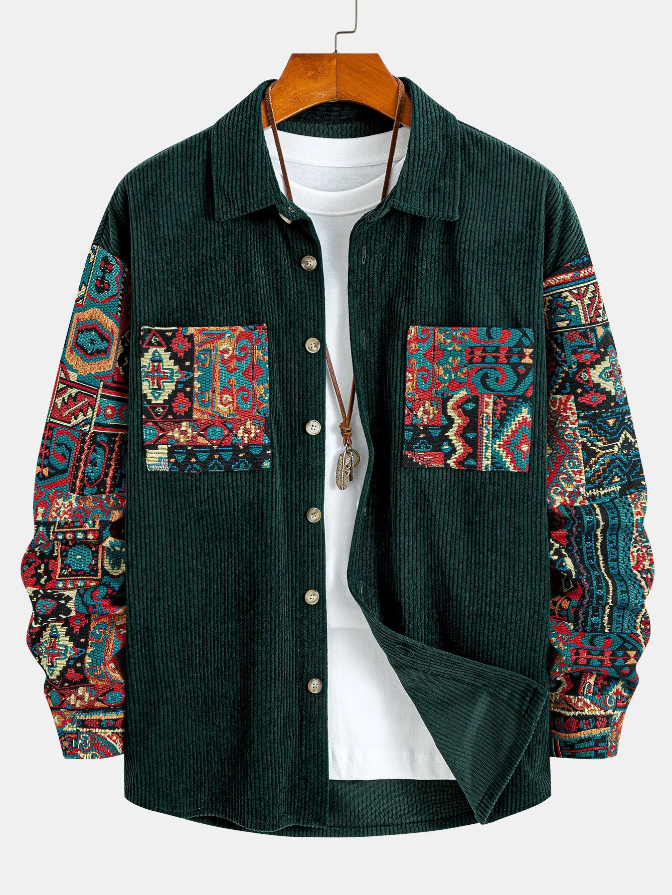 Ethnic Geometric Jacquard Patchwork Corduroy Shirt sold by Hoooyi