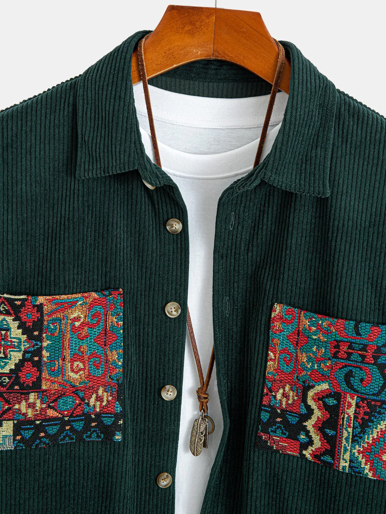 Ethnic Geometric Jacquard Patchwork Corduroy Shirt sold by Hoooyi product image thumbnail 5