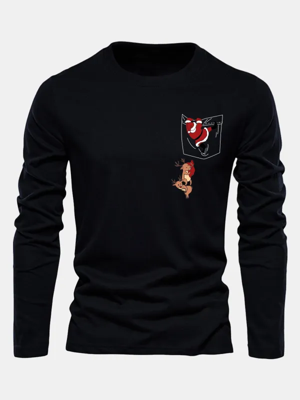Long Sleeve Pocket Santa Print Cotton T-Shirt sold by Hoooyi
