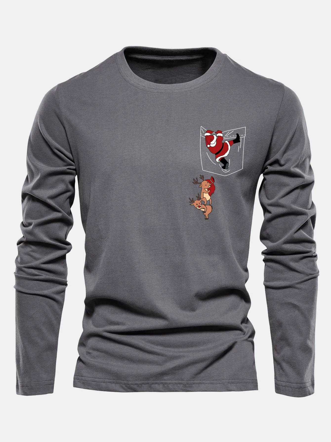 Long Sleeve Pocket Santa Print Cotton T-Shirt sold by Hoooyi product image thumbnail 5