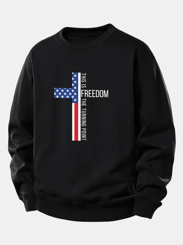 Freedom American Flag Cross Print Relax Fit Sweatshirt sold by Hoooyi
