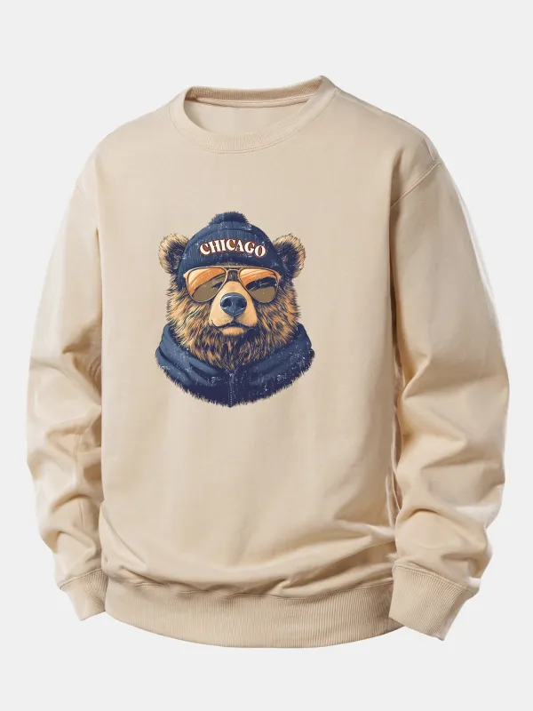 Chicago Sunglasses Bear Print Relax Fit Sweatshirt made by Hoooyi