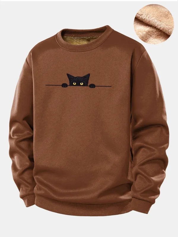 Black Cat Print Teddy Fleece Lined Sweatshirt sold by Hoooyi