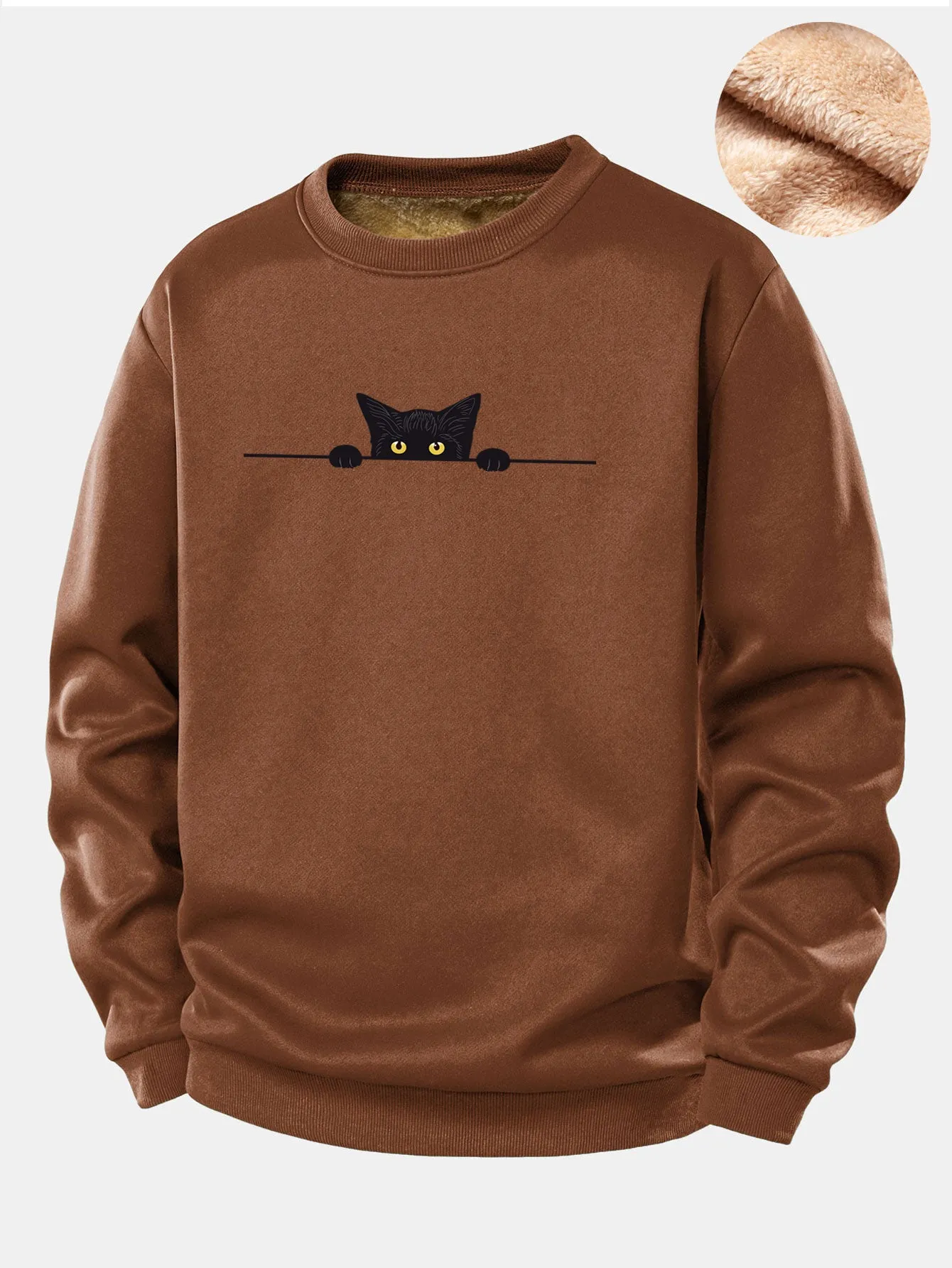 Black Cat Print Teddy Fleece Lined Sweatshirt sold by Hoooyi