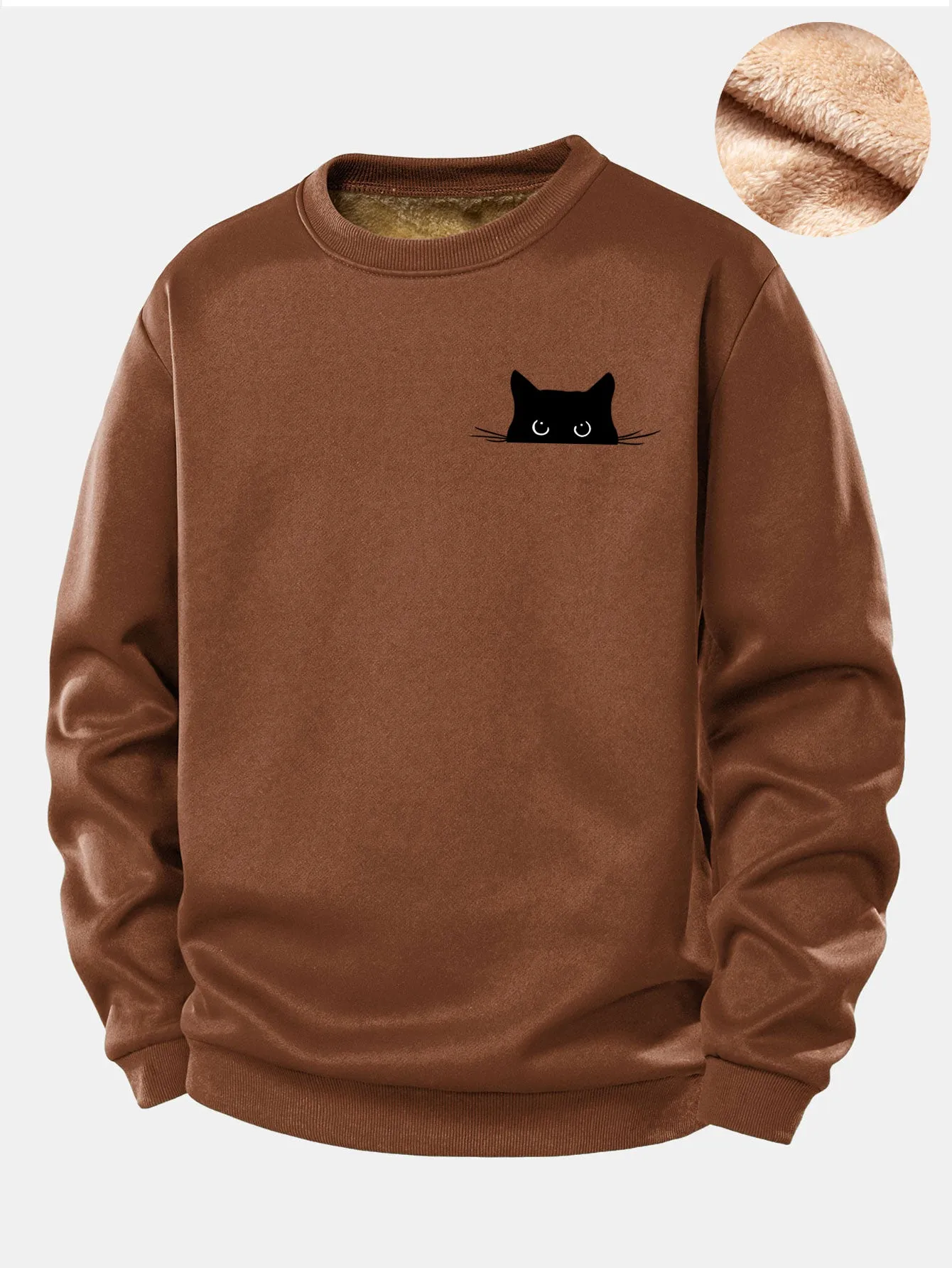 Black Cat Print Teddy Fleece Lined Sweatshirt sold by Hoooyi