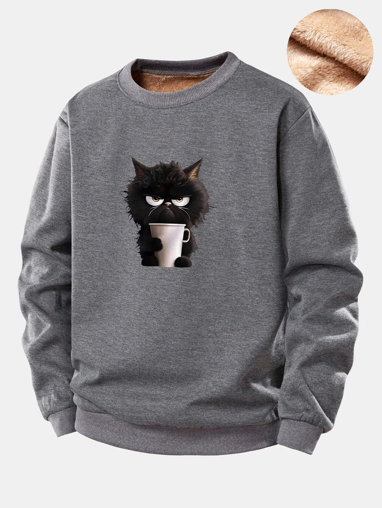 Black Cat Drinking Coffee Print Teddy Fleece Lined Sweatshirt sold by Hoooyi product image thumbnail 3