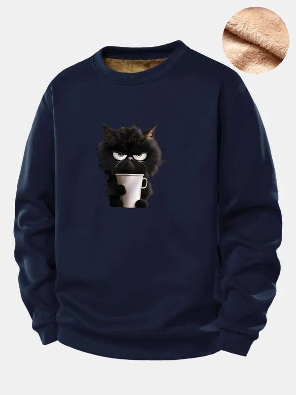 Black Cat Drinking Coffee Print Teddy Fleece Lined Sweatshirt sold by Hoooyi