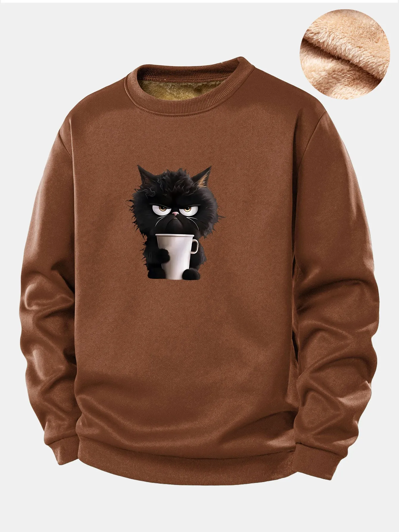 Black Cat Drinking Coffee Print Teddy Fleece Lined Sweatshirt sold by Hoooyi product image thumbnail 5