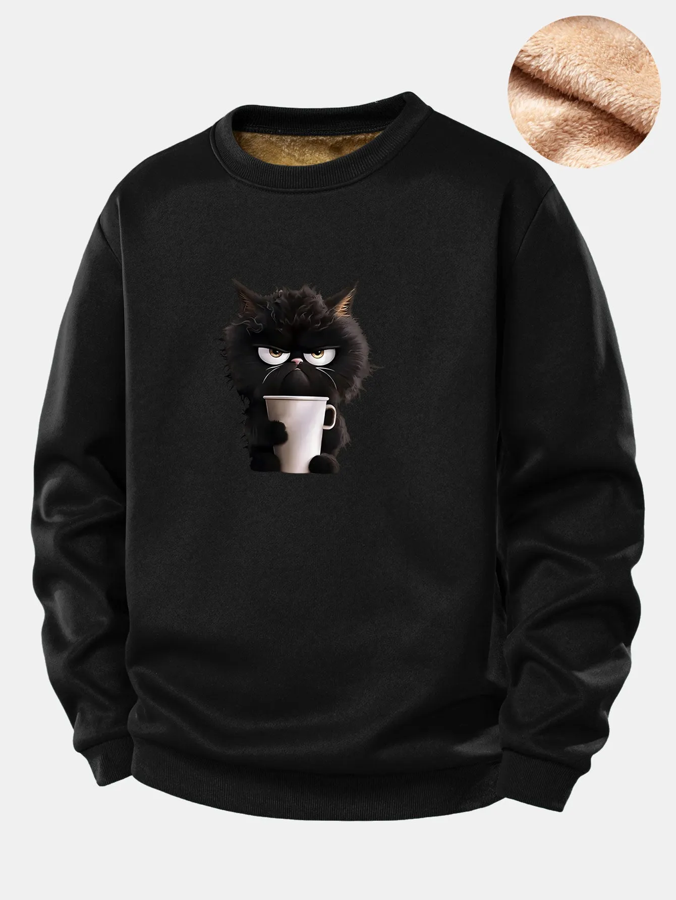Black Cat Drinking Coffee Print Teddy Fleece Lined Sweatshirt sold by Hoooyi product image thumbnail 2
