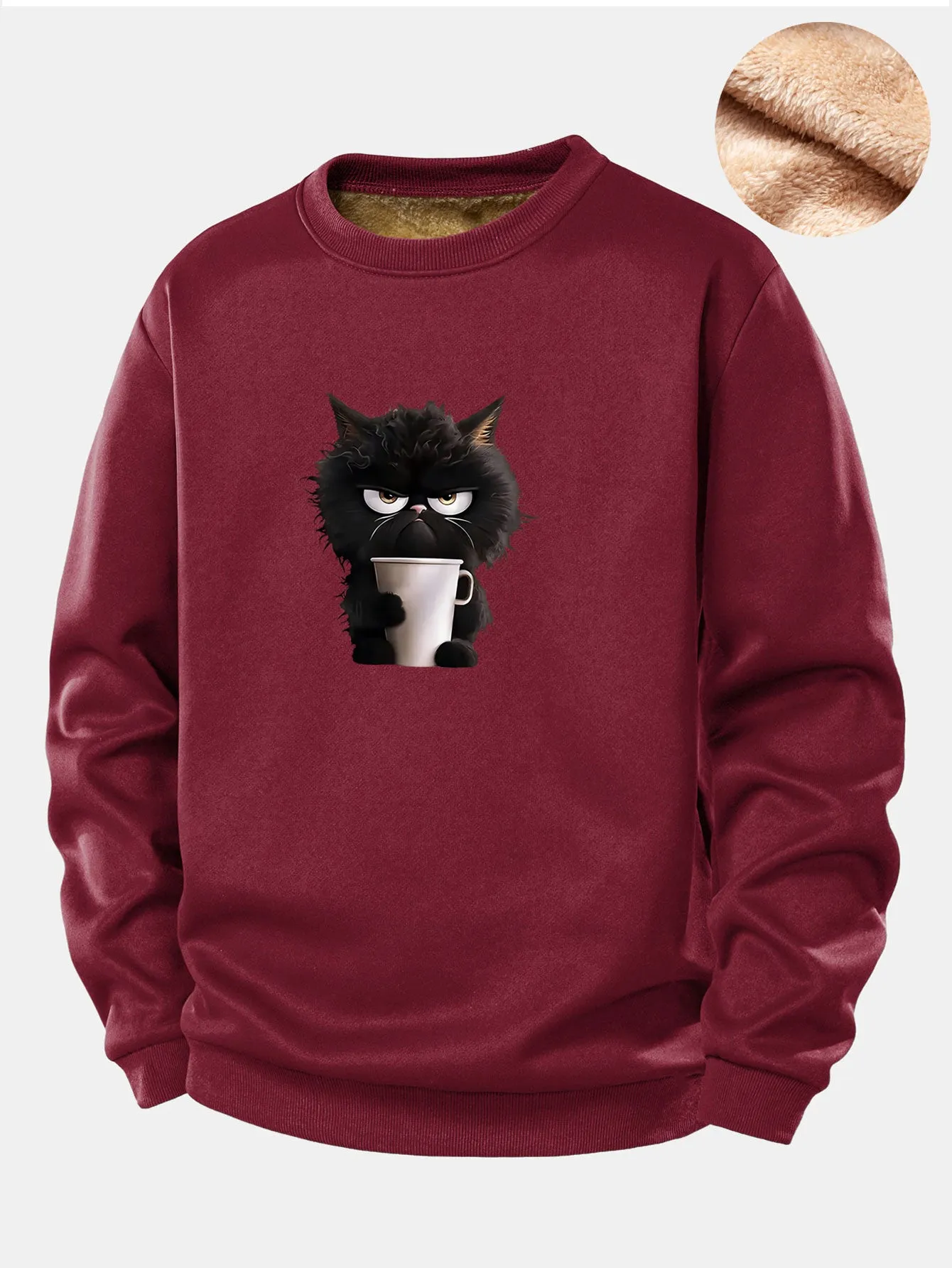 Black Cat Drinking Coffee Print Teddy Fleece Lined Sweatshirt sold by Hoooyi product image thumbnail 4