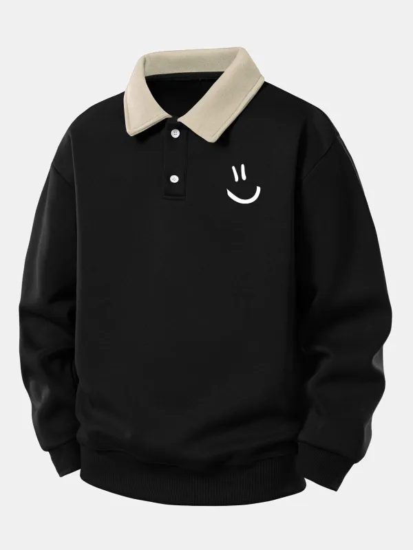Relax Fit Smiley Face Print Contrast Polo Sweatshirt sold by Hoooyi