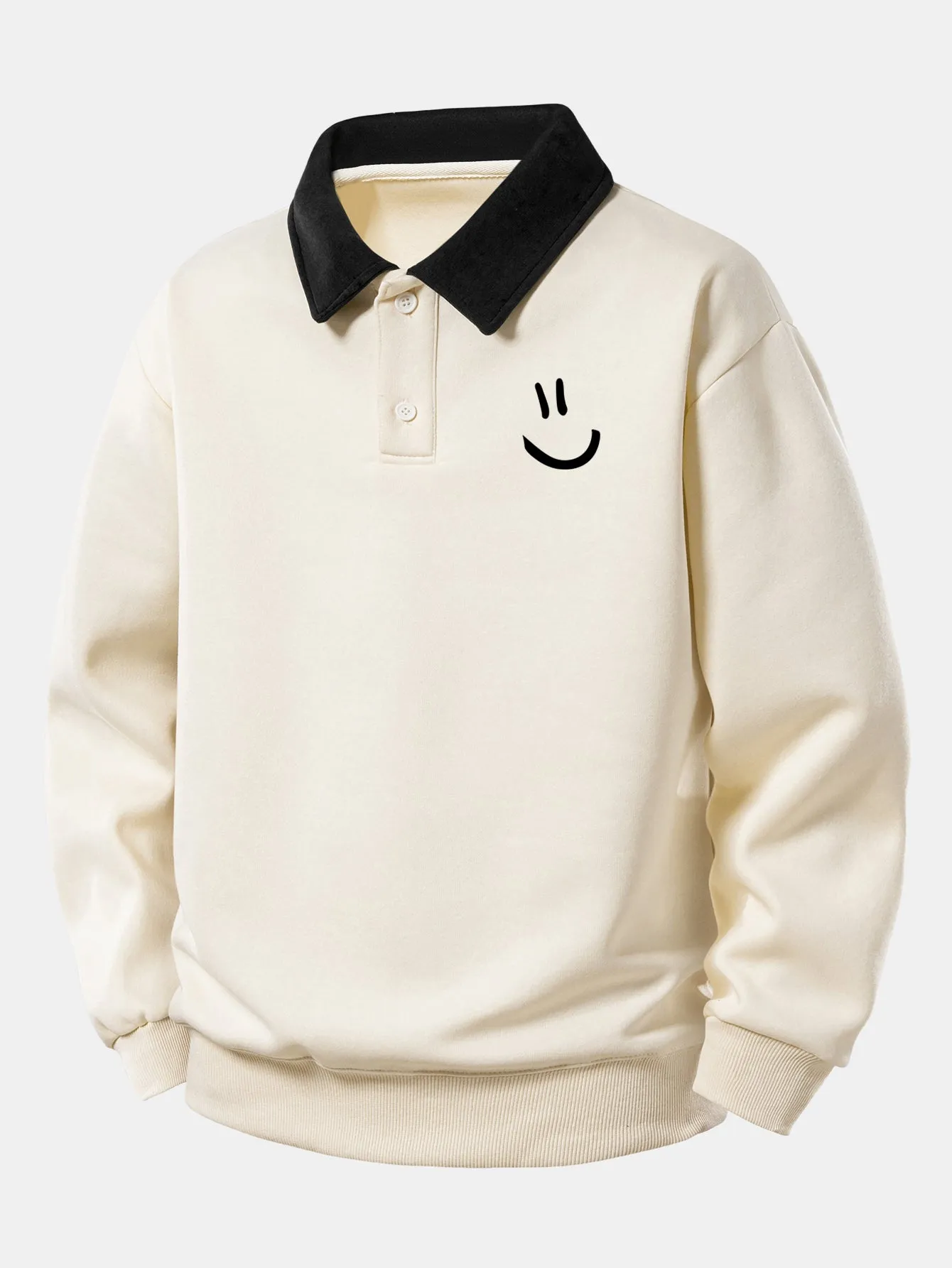 Relax Fit Smiley Face Print Contrast Polo Sweatshirt sold by Hoooyi product image thumbnail 2