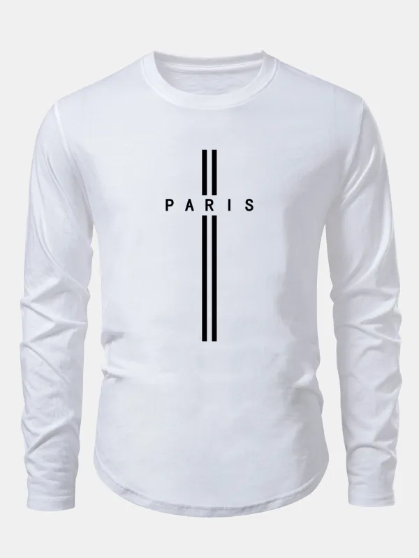Long Sleeve Paris Stripe Print Cotton Arc Hem T-Shirt made by Hoooyi