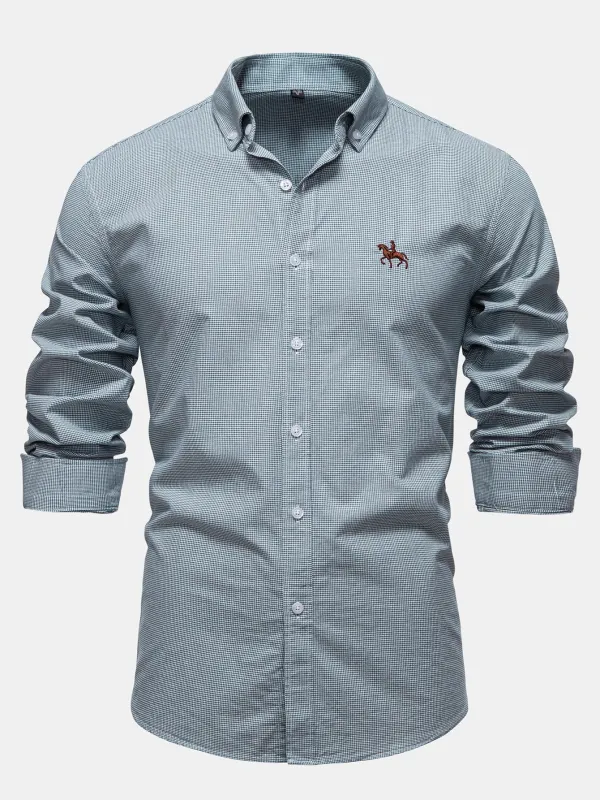 Cowboy Embroidery Cotton Houndstooth Button Up Shirt sold by Hoooyi