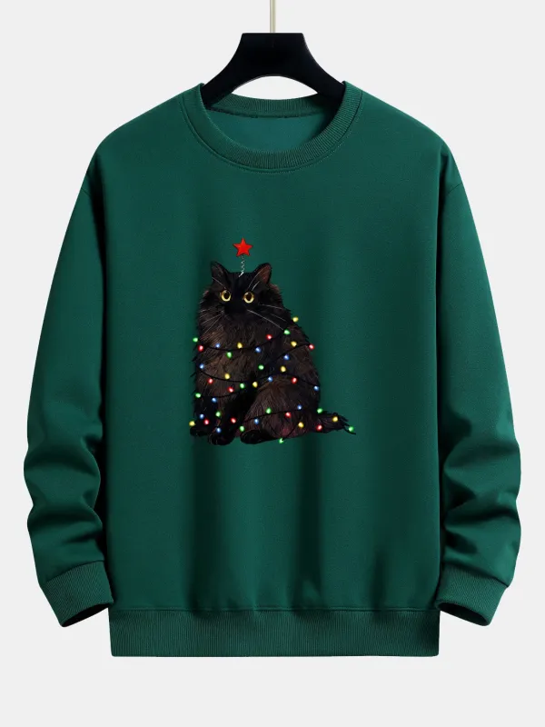 Christmas Lights Black Cat Print Relax Fit Sweatshirt sold by Hoooyi