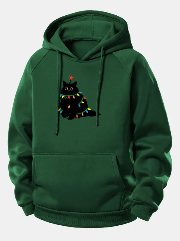 Christmas Lights Black Cat Print Drawstring Hoodie sold by Hoooyi