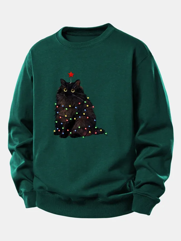Christmas Lights Black Cat Print Relax Fit Sweatshirt sold by Hoooyi