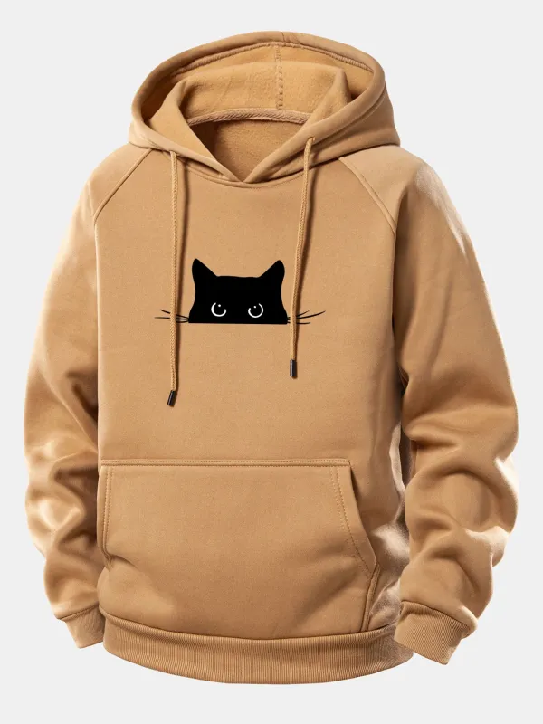 Black Cat Print Drawstring Hoodie sold by Hoooyi