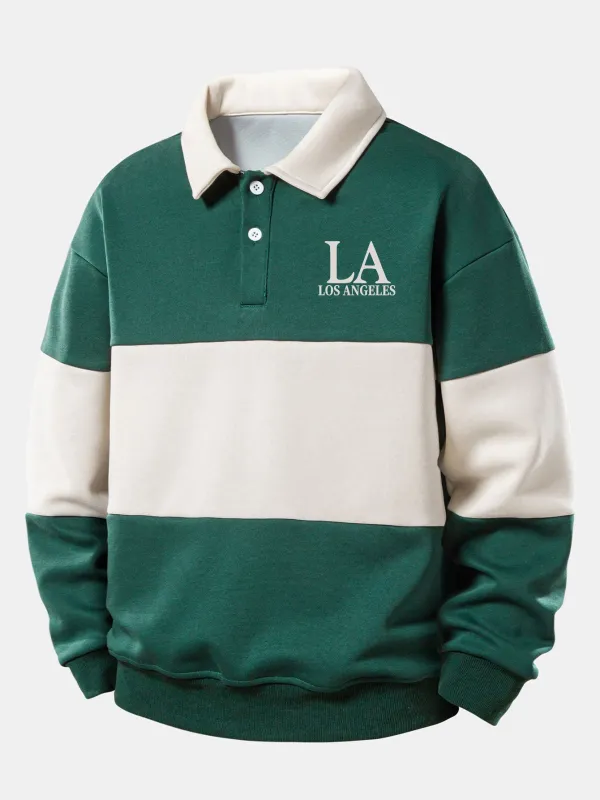 Relax Fit Los Angeles Print Color Block Polo Collar Sweatshirt sold by Hoooyi