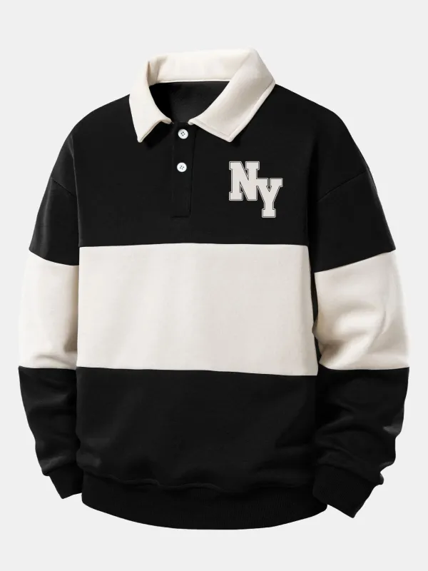 Relax Fit NY Print Color Block Polo Collar Sweatshirt sold by Hoooyi