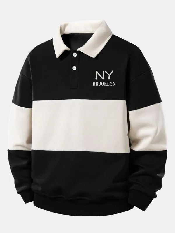 Relax Fit NY Brooklyn Print Color Block Polo Collar Sweatshirt sold by Hoooyi