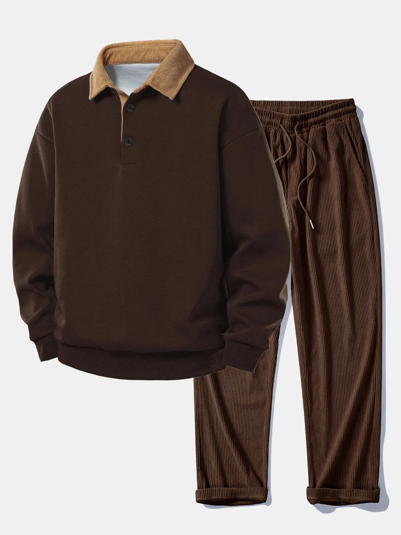 Relax Fit Contrast Corduroy Polo Collar Sweatshirt & Straight Leg Corduroy Pants sold by Hoooyi product image thumbnail 2