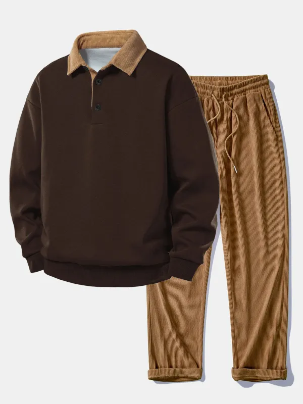 Relax Fit Contrast Corduroy Polo Collar Sweatshirt & Straight Leg Corduroy Pants sold by Hoooyi