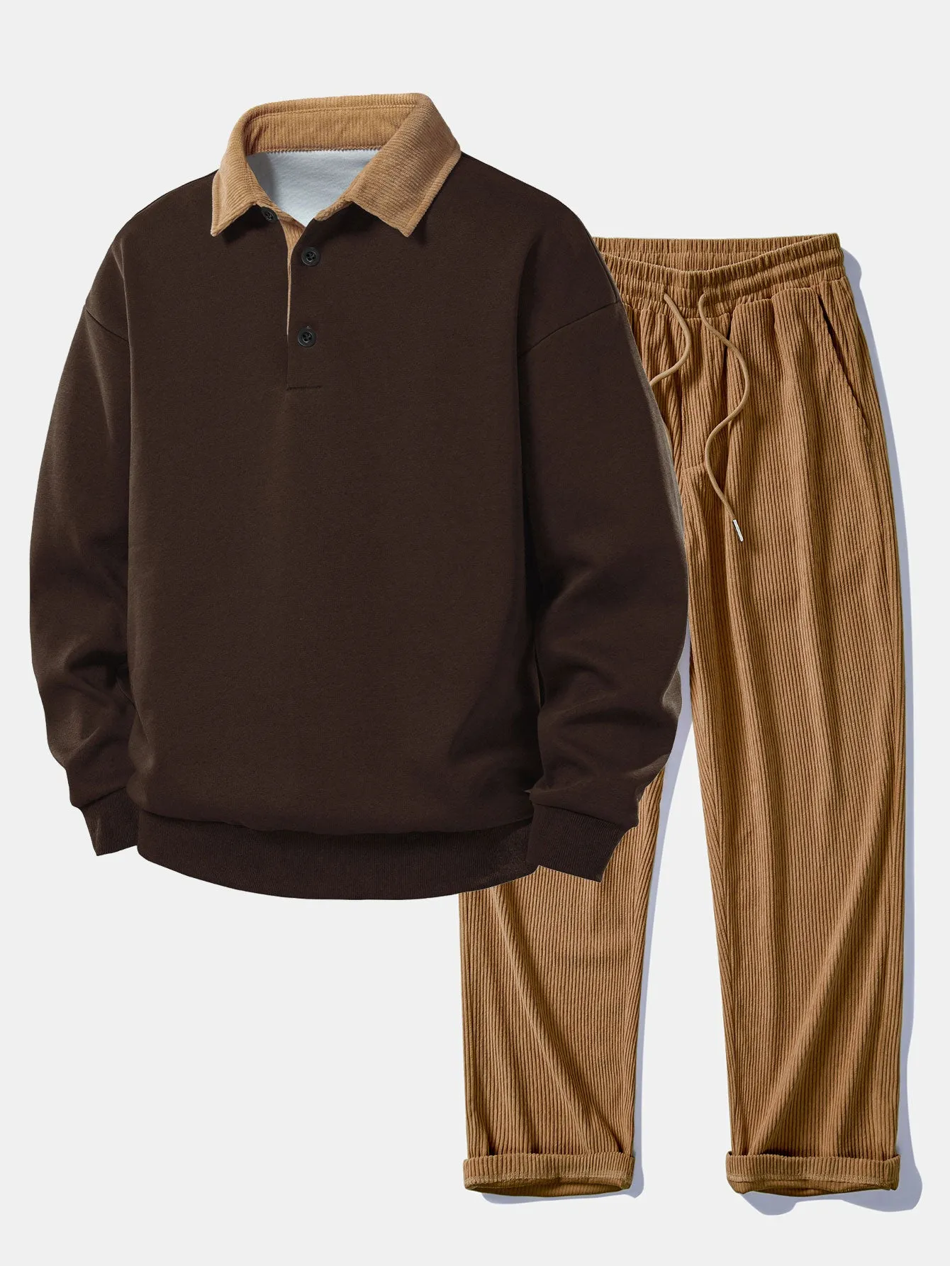 Relax Fit Contrast Corduroy Polo Collar Sweatshirt & Straight Leg Corduroy Pants sold by Hoooyi