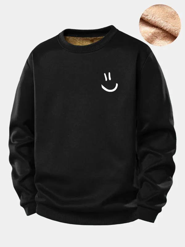 Smiley Face Print Teddy Fleece Lined Sweatshirt sold by Hoooyi