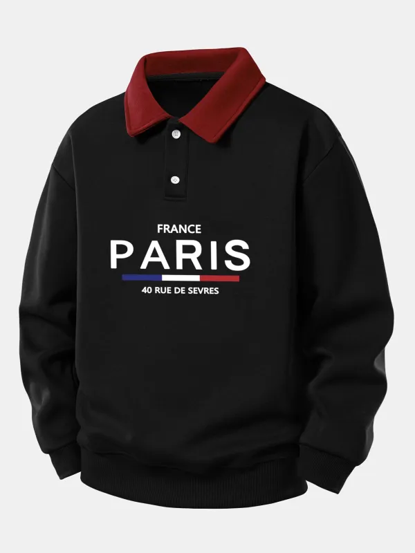 Relax Fit Paris Print Contrast Polo Sweatshirt sold by Hoooyi
