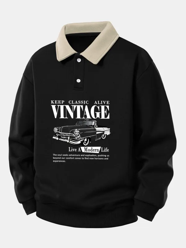 Relax Fit Vintage Car Print Contrast Polo Sweatshirt sold by Hoooyi