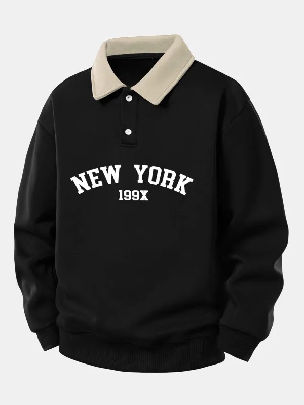 Relax Fit New York Print Contrast Polo Sweatshirt sold by Hoooyi